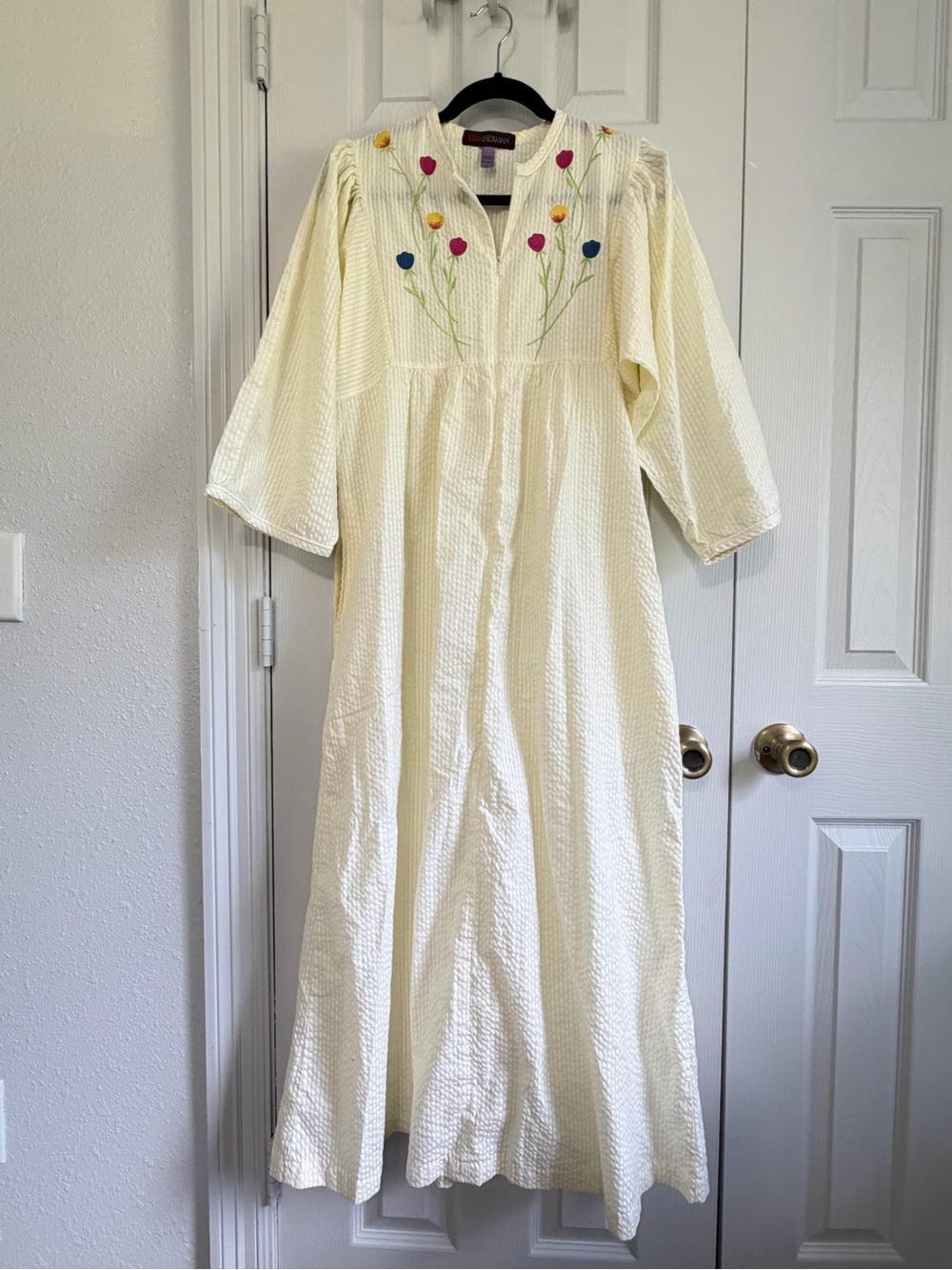 Stan Herman Embroidered Tulip Seersucker Housecoat Lounger Robe Size Small